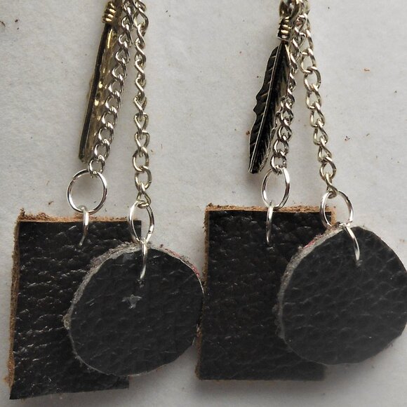 No.1140 Handmade earrings with leather pieces 2 1/2 inches long - Picture 2 of 2